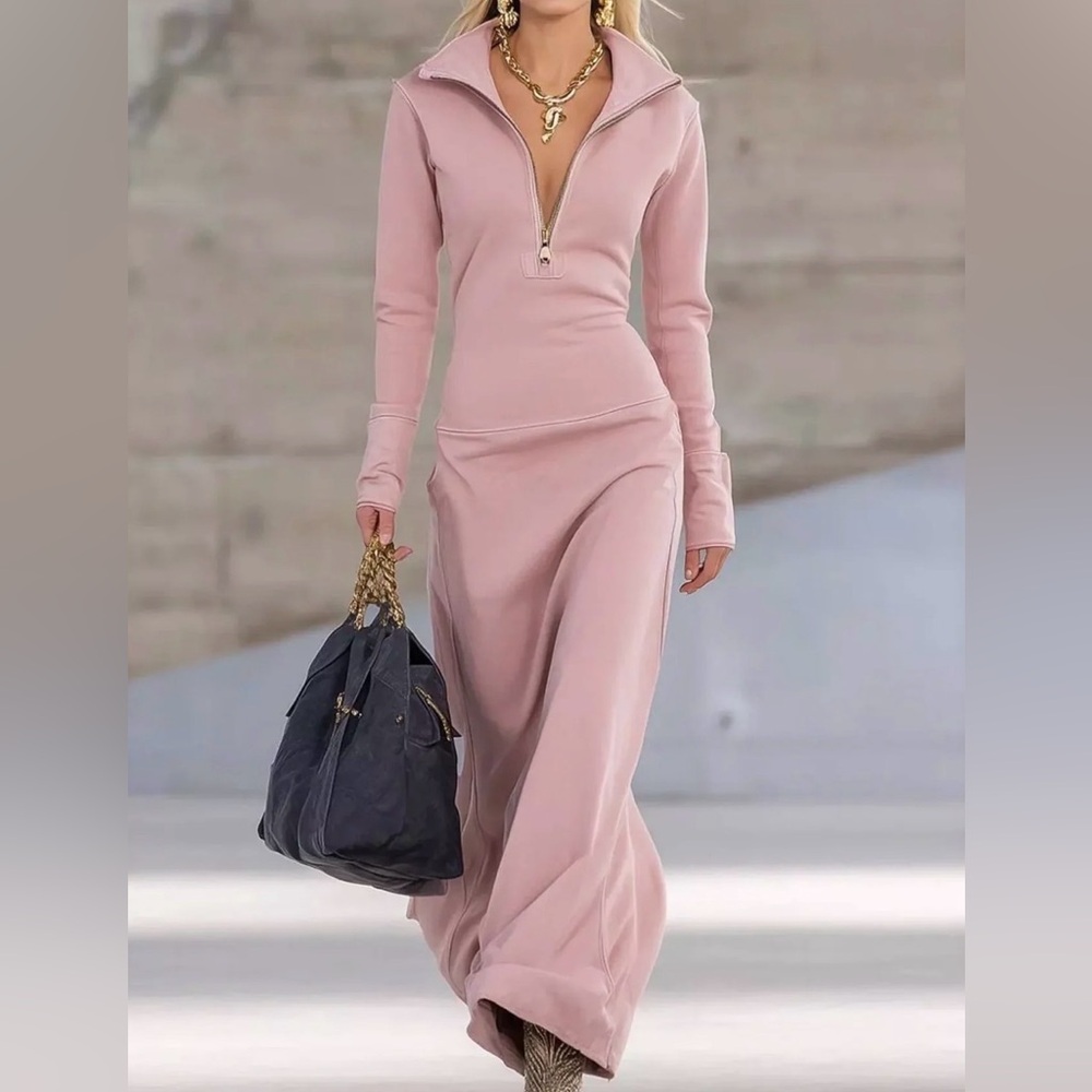 Women's Blush Pink Zip-Front Maxi Dress